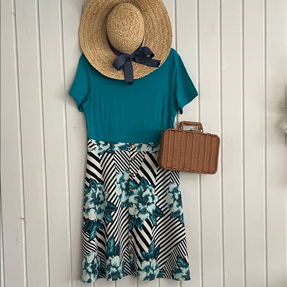 Teal Floral Midi Spring Summer Dress With Black and White Stripes Womens XL
